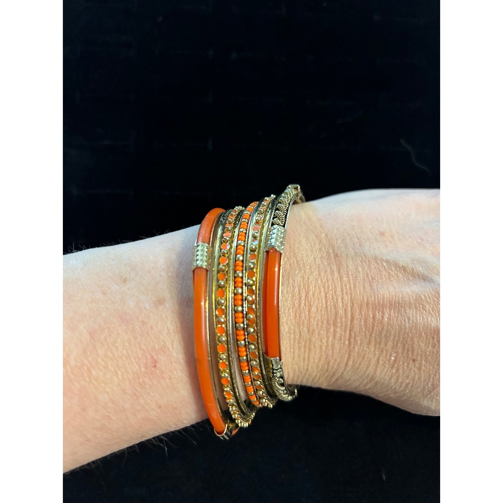 Set of 9 Orange Gold‎ Tone Bangle Bracelets Boho Stack Layered Beaded Rhinestone